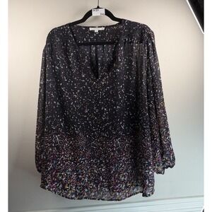 Fun2Fun Women's Confetti Blouse Navy Split Neck Size 3XL Careercore Long Plus